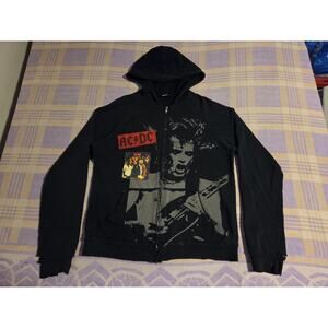 Vintage AC/DC Highway To Hell Back In Black Hoodie Raw Hem Zip Up Sweatshirt Y2k